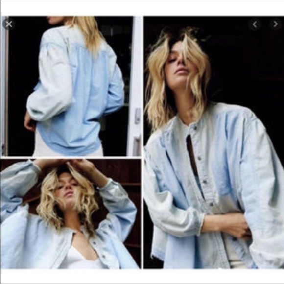 New! Free People Set Sail Denim Top Chambray - Picture 2 of 8